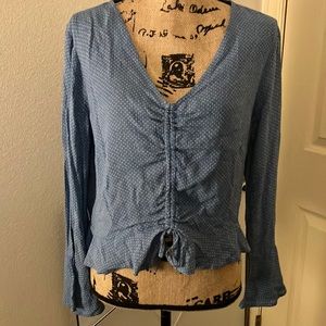 The line of style polka dot blue cinched waist bell sleeve top large L summer